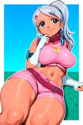 1girl absurdres arm_support bakugan blue_eyes breasts cleavage fingerless_gloves gloves grey_hair hand_on_own_chin headphones headphones_around_neck highres julie_heyward large_breasts legs long_hair looking_at_viewer lying midriff navel ponytail shorts smile sweat thick_thighs thighs toned