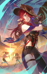 2girls aged_down arm_up armpit_crease asymmetrical_legwear bare_shoulders belt black_pants blue_eyes blue_sky bracelet breasts brown_gloves chasca_(genshin_impact) chuychu_(genshin_impact) closed_mouth cloud cloudy_sky commentary crop_top dr.k earrings elf english_commentary fingerless_gloves from_side genshin_impact glint gloves gradient_hair hair_over_one_eye hat highres holding holding_stick hood hood_down jewelry long_hair looking_to_the_side multicolored_hair multiple_girls outdoors pants pink_lips pink_shirt pointy_ears purple_hair scarf shirt short_sleeves siblings sideboob single_earring sisters sky standing stick stomach sun sunrise thigh_strap thighs wavy_hair wind