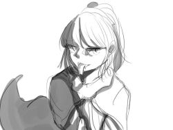 1other adagumo_no_saragimaru androgynous blunt_bangs capelet eyelashes fangs forked_tongue fur-trimmed_capelet fur_trim greyscale hair_tie high_ponytail japanese_clothes len&#039;en len_en_spe long_sleeves looking_at_viewer medium_hair monochrome non-web_source open_mouth other_focus ponytail simple_background sketch smile snake_tail solo split_ponytail tail tongue upper_body vest white_background