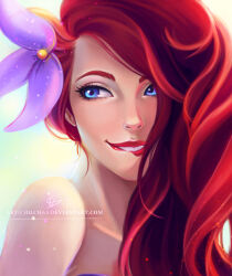 absurdres ariel_(disney) blue_eyes deviantart_sample disney flower hair_flower hair_ornament highres image_sample long_hair looking_to_the_side olchas portrait purple_flower red_hair red_lips teeth the_little_mermaid_(disney) watermark web_address