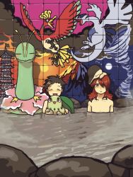 00s 1990s_(style) 2boys bath bird black_hair chikorita creatures_(company) cyndaquil ethan_(pokemon) game_freak gen_2_pokemon ho-oh leaf legendary_pokemon lugia meganium moi_ko moiko multiple_boys nintendo pagoda pokemon pokemon_(creature) pokemon_gsc pokemon_hgss red_hair retro_artstyle silver_(pokemon) silver_(pokemon)_(remake) smile tegaki tower water