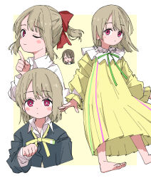 ;) alternate_hairstyle barefoot blush bob_cut border borrowed_hairstyle bow brown_hair collared_shirt commentary_request dress green_ribbon hair_bow haruruhaharur highres index_finger_raised jacket long_sleeves looking_at_viewer love_live! love_live!_nijigasaki_high_school_idol_club multiple_views mutekikyuu_believer nakasu_kasumi neck_ribbon nijigasaki_school_uniform one_eye_closed osaka_shizuku outside_border oversized_clothes pink_eyes pleated_dress ponytail red_bow ribbon school_uniform shirt short_hair short_ponytail smile white_border white_shirt winter_uniform yellow_background yellow_dress