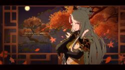 1girl artist_name autumn autumn_leaves black_bodysuit bodysuit chinese_commentary cliff commentary_request genshin_impact hair_ornament hairpin leaf long_hair long_sleeves looking_at_viewer mountain night night_sky ningguang_(genshin_impact) outdoors shadowking sky white_hair