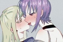 2girls bang_dream! bang_dream!_it&#039;s_mygo!!!!! black_choker blue_dress blush choker commentary dress film_grain green_hair grey_background grey_shirt highres long_hair mdin4k multiple_girls off-shoulder_shirt off_shoulder pink_eyes purple_hair shirt short_hair simple_background tongue tongue_out upper_body wakaba_mutsumi yellow_eyes yuri yuutenji_nyamu