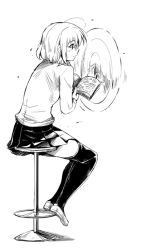 1girl female_focus glasses greyscale kubocha monochrome short_hair simple_background skirt solo thighhighs white_background