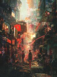 Rule 34 | 2others, alley, backpack, bag, balcony, city, clothesline, day, dkaism, faceless, full body, looking at another, multiple others, original, painterly, scenery, sign, sweater, walking