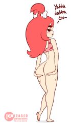 1girl 2020 animated animated_gif ass bare_shoulders barefoot black_eyes blinking blush bone_in_hair bottomless cleft_of_venus dated diives english_text female_focus from_behind full_body hair_ornament highres legs long_hair long_legs looking_at_viewer looking_back pebbles_flintstone ponytail presenting pussy red_hair simple_background smile solo spread_ass standing the_flintstones thighs uncensored white_background