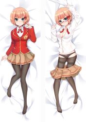 1girl arms_up artist_request blue_eyes blush bokutachi_wa_benkyou_ga_dekinai bow breasts cleavage collarbone dakimakura_(medium) glasses grabbing_sheets hair_bow large_breasts lying ogata_rizu on_bed open_clothes open_shirt orange_hair panties panties_under_pantyhose pantyhose ribbon school_uniform shirt shoes short_hair skirt solo underwear undressing unworn_skirt