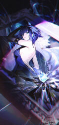 1girl absurdres aqua_eyes arm_up back backless_dress backless_outfit bare_back black_gloves blue_hair breaking broken_glass closed_mouth coat commentary_request dice dress earrings elbow_gloves fur-trimmed_coat fur_trim gem genshin_impact glass gloves highres jewelry looking_at_viewer medium_hair mirror pearl_(gemstone) solo white_coat yelan_(genshin_impact) yu_jiu