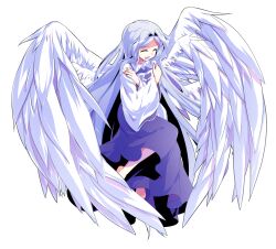 1girl ^_^ alphes_(style) angel_wings arms_across_body barefoot blue_dress blue_hair closed_eyes collared_shirt commentary_request dairi dress feathered_wings full_body genderswap genderswap_(otf) hair_intakes hands_on_own_shoulders highres large_variant_set long_dress long_hair long_sleeves multiple_wings open_mouth parody sariel_(touhou) self_hug seraph shirt simple_background smile solo style_parody tachi-e touhou touhou_(pc-98) transparent_background variant_set very_long_hair white_shirt white_wings wide_sleeves wings