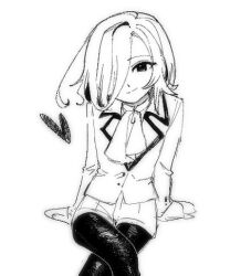 1girl ahoge ascot black_leggings blazer chi_kan100 closed_mouth collared_shirt cowboy_shot crossed_legs hair_over_one_eye hands_on_ground head_tilt heart jacket kimi_no_koto_ga_dai_dai_dai_dai_daisuki_na_100-nin_no_kanojo leggings leggings_under_shorts long_sleeves looking_at_viewer nakaji_uto ohananomitsu_middle_school_uniform school_uniform shirt short_hair shorts simple_background smile solo split_mouth white_background