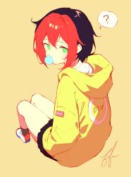 1girl ? absurdres black_hair black_skirt blowing_bubbles chewing_gum colored_bangs commentary english_commentary full_body green_eyes hair_between_eyes highres hood hoodie invisible_chair looking_at_viewer looking_back miniskirt orange_hair osu! pippi_(osu!) pleated_skirt shoes short_hair sidelocks signature simple_background sitting skirt solo speech_bubble spoken_question_mark tofumang white_shoes yellow_background yellow_hoodie