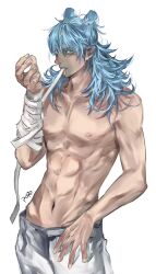 1boy abs artist_name bandage_in_mouth bandaged_arm bandages blue_eyes blue_hair cowboy_shot double_bun glowing glowing_eyes hair_bun highres jujutsu_kaisen kashimo_hajime long_hair male_focus messy_hair navel nipples pants pectorals rei_(poro06625649) simple_background solo toned toned_male topless_male white_background white_pants