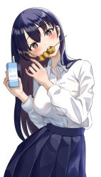 1girl absurdres black_hair blue_skirt blush boku_no_kokoro_no_yabai_yatsu breasts brown_eyes eating food highres holding holding_carton holding_milk_carton holding_skewer large_breasts long_hair looking_at_viewer milk_carton pleated_skirt school_uniform shirt simple_background skewer skirt solo white_background white_shirt yamada_anna yami_anko
