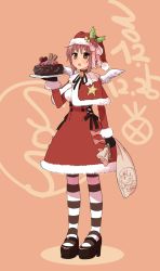 Rule 34 | 00s, 10s, 1girl, 2012, achakura, asakura ryoko, bag, brown eyes, cake, christmas, dated, food, gloves, hat, high heels, highres, mary janes, nagato yuki, open mouth, pine (pine-box), plate, purple hair, santa costume, santa hat, shoes, short hair, suzumiya haruhi-chan no yuuutsu, suzumiya haruhi no yuuutsu, thighhighs, wings