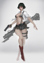 Rule 34 | 1girl, absurdres, black bra, black hair, boots, bra, devil may cry, devil may cry (series), devil may cry 3, gloves, green eyes, gun, handgun, heterochromia, highres, holding, holding gun, holding weapon, kalina ann (weapon), lady (devil may cry), navel, red eyes, rocket launcher, shirt, single glove, skirt, sumadezs, thigh strap, tinted eyewear, unbuttoned, unbuttoned shirt, underwear, weapon, white shirt
