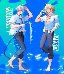 2boys antenna_hair arm_tattoo barefoot black_choker black_pants blonde_hair blue_eyes blue_necktie bottle braid chest_tattoo choker collared_shirt earrings facial_tattoo full_body gold_earrings gradient_hair hair_between_eyes hand_in_pocket highres holding holding_bottle holding_hose honkai:_star_rail honkai_(series) hose jewelry male_focus medium_hair monini multicolored_hair multiple_boys mydei_(honkai:_star_rail) necktie one_eye_closed pants pants_rolled_up parted_bangs pectoral_cleavage pectorals phainon_(honkai:_star_rail) ponytail red_hair red_tattoo shirt short_hair side_braid signature sleeves_rolled_up tattoo white_hair white_shirt yellow_eyes