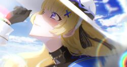 Rule 34 | 1girl, absurdres, black bow, black collar, black gloves, blonde hair, blue eyes, blue sky, bow, collar, commentary, day, from side, gloves, hair bow, hair ornament, hat, highres, light blush, long hair, looking up, outdoors, parted lips, phoebe (wuthering waves), portrait, seoc studios, sky, smile, solo, striped bow, teeth, upper teeth only, white hat, wuthering waves, x hair ornament
