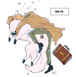 Rule 34 | 1girl, animal, animal hug, awarinko, black bow, black bowtie, black gloves, black shoes, black socks, blonde hair, bond (spy x family), bow, bowtie, brown coat, brown hat, coat, dog, gloves, green jacket, green pants, hat, highres, jacket, lying, male focus, on side, pants, shoes, signature, simple background, socks, spy x family, suitcase, translation request, twilight (spy x family), unworn hat, unworn headwear, white background