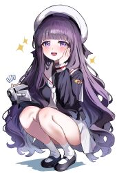 1girl absurdres beret black_shirt black_shoes blunt_bangs blush camcorder camera cardcaptor_sakura commentary daidouji_tomoyo full_body hat highres holding holding_camera long_hair long_sleeves looking_at_viewer miniskirt neckerchief open_mouth panties purple_eyes purple_hair sailor_collar sak_(lemondisk) school_uniform shirt shoes simple_background skirt smile socks solo squatting teeth tomoeda_elementary_school_uniform underwear upper_teeth_only video_camera white_background white_hat white_neckerchief white_panties white_sailor_collar white_skirt white_socks