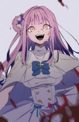 1girl absurdres blood blood_on_face blood_splatter blue_archive blue_bow bow breasts crying crying_with_eyes_open dress flower hair_bun hair_flower hair_ornament hair_scrunchie highres large_breasts long_hair looking_at_viewer mika_(blue_archive) open_mouth pink_hair purple_flower scrunchie simple_background single_side_bun solo tears teeth umashio_potechi-san upper_teeth_only white_dress white_wings wings yellow_eyes