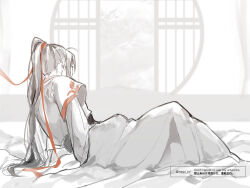 1boy ahoge bed_sheet blanket chinese_clothes from_behind full_body hair_ribbon hanfu hickey implied_yaoi indoors lattice layered_sleeves long_hair long_sleeves lying male_focus modao_zushi monochrome on_bed on_side ponytail red_ribbon red_trim ribbon round_window solo spot_color twitter_username under_covers very_long_hair watermark wei_wuxian window ykmr_(haga)
