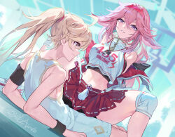 1boy 1girl absurdres aether_(genshin_impact) ahoge alternate_costume animal_ears armband bare_shoulders bike_shorts_under_skirt black_shorts black_undershirt blonde_hair blush breasts clothes_writing commentary_request crop_top floppy_ears fox_ears genshin_impact girl_on_top hair_between_eyes hair_ribbon hairband highres jacket knee_pads large_breasts long_hair looking_at_another lying midriff navel off_shoulder on_back parted_lips pink_hair pleated_skirt ponytail purple_eyes reclining red_hairband red_skirt ribbon shoes shorts signature skirt smile sneakers spread_legs straddling tank_top tassel thighs turtleneck very_long_hair wavy_mouth whistle whistle_around_neck white_jacket white_shoes white_shorts white_tank_top wristband xinliu_asato yae_miko yae_miko_(pulse+) yellow_eyes