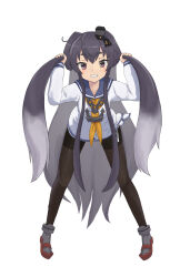 1girl absurdres alternate_hair_length alternate_hairstyle black_hair blue_sailor_collar blush brown_eyes dress full_body gradient_hair grey_hair hairband hat highres kantai_collection long_hair long_shirt long_sleeves mini_hat multicolored_hair neckerchief pantyhose rudder_footwear sailor_collar sailor_dress seamed_legwear shirt side-seamed_legwear smile smokestack_hair_ornament solo tied_dress tied_shirt tokitsukaze_(kancolle) white_background yellow_neckerchief yuki_4040