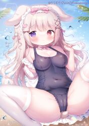 1girl animal_ears beach black_one-piece_swimsuit blonde_hair blue_sky blush bow bowtie breasts brown_bow cleavage closed_mouth commentary_request covered_navel day hair_bow hair_ornament hair_ribbon hand_up heart heart_hair_ornament heterochromia large_breasts long_hair lop_rabbit_ears maid_headdress one-piece_swimsuit original outdoors pink_bow pink_bowtie pink_ribbon purple_eyes rabbit_ears rabbit_girl rabbit_tail red_eyes ribbon school_swimsuit sitting sky smile solo swimsuit tail thighhighs thighs tsukimi_mumi very_long_hair white_thighhighs x_hair_ornament