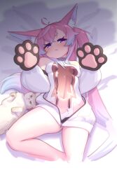 1girl :p absurdres ahoge animal_ears animal_hands bare_shoulders bed_sheet blush breasts cat cat_paws coat covered_navel fox_ears fox_girl gradient_hair hair_between_eyes hands_up highres indie_virtual_youtuber leotard long_bangs long_hair looking_at_viewer lying multicolored_hair on_back open_clothes open_coat paw_pose pink_hair shippitsu sidelocks solo teletha_(vtuber) thighs tongue tongue_out very_long_hair