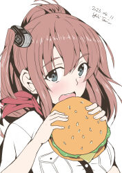 Rule 34 | 1girl, artist name, battle effectiveness award, breast pocket, brown hair, burger, dated, dress, eating, food, grey eyes, hair between eyes, high side ponytail, highres, kantai collection, looking at viewer, neckerchief, open mouth, pocket, red neckerchief, saratoga (kancolle), sidelocks, simple background, smokestack hair ornament, solo, taira yuuki, upper body, white background, white dress