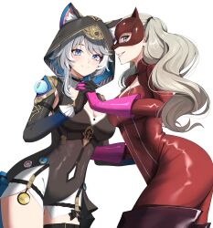 2girls absurdres bad_source blonde_hair blue_eyes breasts cipher_(honkai:_star_rail) cleavage cleavage_cutout clothing_cutout commission grey_hair highres holding_hands honkai:_star_rail honkai_(series) large_breasts leather_suit looking_at_viewer multiple_girls persona persona_5 rendinal short_hair takamaki_anne