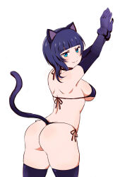 Rule 34 | 1girl, absurdres, animal ears, aqua eyes, asaka karin, ass, back, bikini, blue hair, blush, box wonderland, breasts, cat ears, cat girl, cat tail, closed mouth, commentary, elbow gloves, gloves, highres, large breasts, love live!, love live! nijigasaki high school idol club, median furrow, medium hair, purple bikini, purple gloves, purple tail, purple thighhighs, shoulder blades, side-tie bikini bottom, simple background, smile, solo, swimsuit, tail, thighhighs, thighs, white background