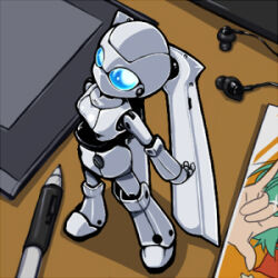 Rule 34 | 1girl, blue sclera, colored sclera, colored skin, drawing tablet, drossel von flugel, fireball (series), humanoid robot, joints, looking up, lowres, mechanical hair, no mouth, pencil, robot, robot girl, robot joints, santoo takeshi, twintails, white skin