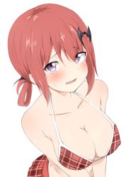 Rule 34 | 1girl, bat hair ornament, bikini, blush, breasts, cleavage, female focus, gabriel dropout, hair ornament, highres, long hair, looking at viewer, myauchuchu, open mouth, purple eyes, red hair, satanichia kurumizawa mcdowell, simple background, solo, sweatdrop, swimsuit, white background