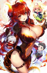 &gt;_o 2girls 3boys ahoge black_hair block_(minecraft) blush_stickers bow breasts center_opening dola_(nijisanji) dragon_girl dragon_tail explosive fang flower grey_hair hair_between_eyes hanabatake_chaika highres honma_himawari honma_himawari_(1st_costume) horns kuzuha_(nijisanji) large_breasts minecraft multiple_boys multiple_girls name_tag navel nijisanji one_eye_closed orange_eyes pink_hair plaid_clothes plaid_skirt pointy_ears red_bow red_eyes red_hair sitting skin_fang skirt sunflower tail thigh_strap thyr tnt tnt_block_(minecraft) virtual_youtuber yashiro_kizuku