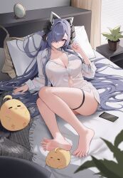 1girl absurdres ar-gand august_von_parseval_(azur_lane) azur_lane barefoot blush breasts cellphone cleavage dress_shirt feet grey_hair hair_over_one_eye highres long_hair looking_at_viewer on_bed open_clothes open_shirt parted_lips phone purple_eyes shirt smartphone soles toes