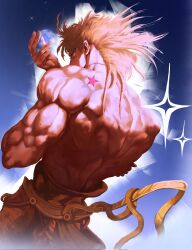 Rule 34 | 1boy, back, birthmark, blonde hair, dio brando, dio brando&#039;s pose (jojo), from behind, highres, joestar birthmark, jojo no kimyou na bouken, jojo pose, lnsqueezearts, looking at viewer, looking back, male focus, medium hair, muscular, muscular male, pants, red eyes, romaji commentary, scar, scar on neck, solo, sparkle, stardust crusaders, topless male, yellow pants
