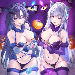 2girls abs absurdres animal_ear_fluff animal_ears blue_archive blue_fire breasts candy cleavage colored_fire cosplay fake_animal_ears fire food fur-trimmed_gloves fur-trimmed_legwear fur_bikini fur_trim gloves halloween halloween_bucket halloween_costume heart heart_o-ring highres jack-o&#039;-lantern large_breasts lingerie lollipop looking_at_viewer mash_kyrielight mash_kyrielight_(dangerous_beast) mash_kyrielight_(dangerous_beast)_(cosplay) multiple_girls navel noa_(blue_archive) o-ring pumpkin purple_fire revealing_clothes underwear werewolf_costume wolf_ears yuuka_(blue_archive) zea_(zeamilky)