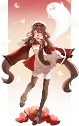1girl :d ;d absurdres black_thighhighs boo_tao_(genshin_impact) brown_hair eyewear_on_head flower full_body genshin_impact hat highres hu_tao_(cherries_snow-laden)_(genshin_impact) hu_tao_(genshin_impact) long_hair looking_at_viewer miniskirt one_eye_closed open_mouth red-tinted_eyewear red_eyes red_flower red_scarf red_skirt round_eyewear s_mizuki666 scarf skirt smile solo sunglasses symbol-shaped_pupils thighhighs tinted_eyewear twintails very_long_hair w white_hat zettai_ryouiki