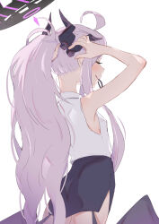1girl ahoge back black_halo black_skirt blue_archive breasts demon_girl demon_horns demon_wings halo highres hina_(blue_archive) horns long_hair ponytail purple_eyes shirt simple_background skirt small_breasts solo standing ura_ra1800 white_background white_hair white_shirt wings