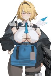1girl bare_shoulders belt black_belt black_pantyhose blonde_hair blue_eyes blue_necktie blue_skirt blush breast_curtains breasts closed_mouth collared_shirt commentary_request covered_navel girls&#039;_frontline girls&#039;_frontline_2:_exilium gong_dol_hong hair_intakes high-waist_skirt highres korean_commentary large_breasts looking_at_viewer necktie nikketa_(girls&#039;_frontline_2) off_shoulder pantyhose shirt short_hair simple_background skindentation skirt sleeveless sleeveless_shirt solo thigh_strap underboob vsk-94_(girls&#039;_frontline) walkie-talkie white_background
