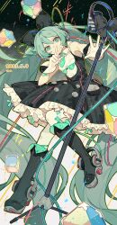 1girl 39_music_(vocaloid) absurdly_long_hair absurdres aqua_eyes aqua_hair bare_shoulders black_background black_boots black_bow black_dress boots bow buttons cable closed_mouth collared_shirt commentary cube dated dress dress_ribbon eyelashes frilled_dress frills full_body gloves green_necktie green_ribbon hair_bow hashtag-only_commentary hatsune_miku headphones high_heel_boots high_heels highres knee_boots knees long_hair looking_at_viewer magical_mirai_(vocaloid) magical_mirai_miku magical_mirai_miku_(2016) microphone_stand necktie outstretched_hand ribbon shirt short_dress sleeveless sleeveless_shirt smile solo sparkle twintails twitter_username two-tone_background v very_long_hair vocaloid white_background white_gloves white_shirt z6