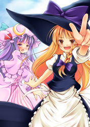 2girls :o apron ascot bad_id bad_pixiv_id black_dress blonde_hair crescent crescent_hat_ornament dress female_focus hat hat_ornament kirisame_marisa looking_at_viewer mob_cap multiple_girls open_mouth outstretched_arm patchouli_knowledge photoshop_(medium) purple_hair sidelocks touhou waist_apron witch_hat yako