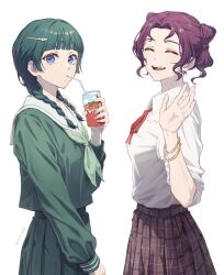 2girls :d blush box bracelet braid brown_skirt closed_eyes collared_shirt from_side green_hair green_shirt green_skirt hair_ornament hairclip hand_up highres holding holding_box jewelry kusuriya_no_hitorigoto long_hair maomao_(kusuriya_no_hitorigoto) multiple_girls neck_ribbon open_mouth plaid_clothes plaid_skirt pleated_skirt red_hair red_ribbon ribbon sailor_collar shirt short_hair simple_background skirt smile soru_2023 twin_braids white_background white_sailor_collar white_shirt