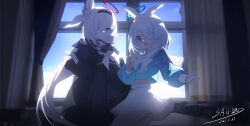 2girls absurdres arona_(blue_archive) black_hairband black_jacket black_panties black_pantyhose black_sailor_collar black_serafuku black_shirt black_skirt blue_archive blue_eyes blue_hair blue_shirt blush braid colored_inner_hair eyes_visible_through_hair grey_eyes grey_hair hair_over_one_eye hair_ribbon hairband hayate_(1034853996) highres jacket long_hair looking_at_viewer multicolored_hair multiple_girls neckerchief open_mouth panties pantyhose plana_(blue_archive) ribbon sailor_collar school_uniform serafuku shirt short_hair sidelocks single_braid skirt two-tone_hair underwear white_hairband white_neckerchief white_ribbon white_sailor_collar white_skirt