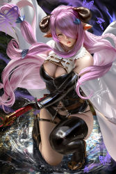 1girl asymmetrical_footwear black_boots black_gloves black_panties boots breasts brown_eyes bustier cleavage draph elbow_gloves floating_hair full_body gloves granblue_fantasy hair_ornament hair_over_one_eye horns large_breasts long_hair looking_at_viewer midriff narmaya_(granblue_fantasy) navel on_one_knee panties parted_lips pink_hair pointy_ears red_lips sheath sheathed signature solo stomach thigh_boots underwear very_long_hair zumi_(zumidraws)