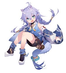 1girl ahoge bailu_(honkai:_star_rail) black_shorts blush braid chinese_clothes detached_sleeves dragon_girl dragon_horns dragon_tail eastern_dragon_horns eastern_dragon_tail gourd green_eyes hair_between_eyes highres honkai:_star_rail honkai_(series) horns long_hair long_sleeves looking_at_viewer low-tied_long_hair open_mouth pointy_ears purple_hair same_(sendai623) shorts sitting smile solo tail twin_braids very_long_hair wide_sleeves