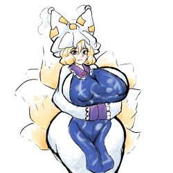 1girl animal_ears animal_hat blonde_hair blue_tabard breasts closed_mouth covered_erect_nipples dress expressionless extra_tails fox_ears fox_girl fox_hat fox_tail hat highres huge_breasts long_hair long_sleeves looking_at_viewer mob_cap own_hands_together scan scan_artifacts simple_background sleeves_past_fingers sleeves_past_wrists solo tabard tail thatartistann thick_thighs thighs touhou traditional_media white_background white_dress white_hat yakumo_ran