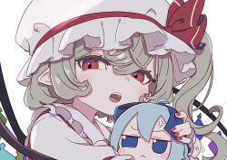 Rule 34 | 2girls, :&lt;, absurdres, ahoge, anger vein, blonde hair, blue eyes, blue hair, blush, blush stickers, character doll, cirno, closed mouth, collared shirt, commentary, doll, flandre scarlet, frilled shirt collar, frills, fumo (doll), hat, hat ribbon, highres, holding, holding doll, kame (kamepan44231), mob cap, multicolored wings, multiple girls, nail polish, open mouth, pointy ears, red eyes, red nails, red ribbon, ribbon, shirt, short hair, short sleeves, touhou, white hat, white shirt, wings